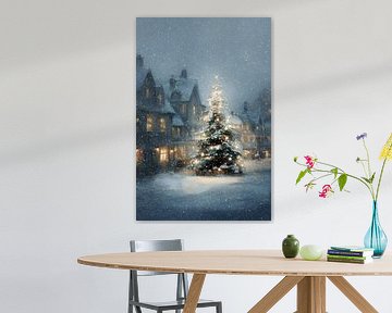 Arbre de Noël sur la place du village Lueur chaude de la lumière dans la chute de neige