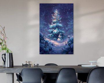 Bonhomme de neige à l'arbre illuminé Merveille de l'hiver en lumière bleue