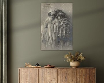 French New Year card from 1906 with two pretty young girls in fur coats