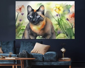 Cat in garden with flowers