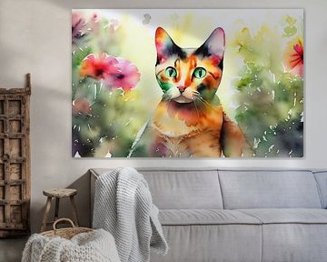 Rode kat in een bloemrijke tuin