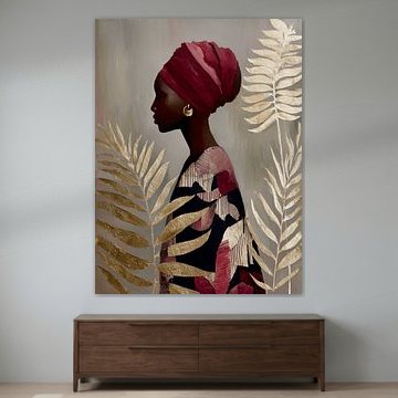Modern portrait of an African woman in Burgundy colour and gold