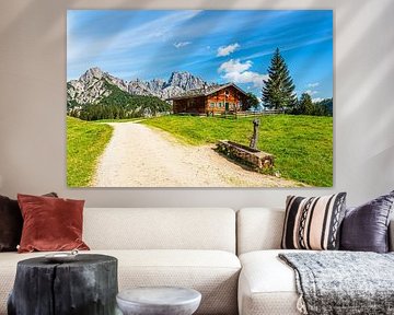 View of the Litzlalm with hut in the Alps in Austria
