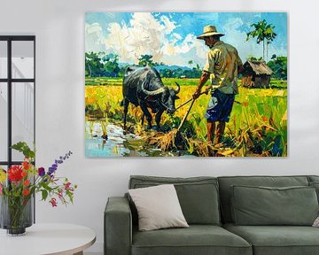 Asian Traditional Farmer Oil Painting