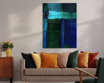 Minimalist Atmospheric Landscape. Abstract painting in blue and green