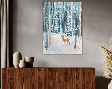 Verschneite Waldlandschaft mit Rehen