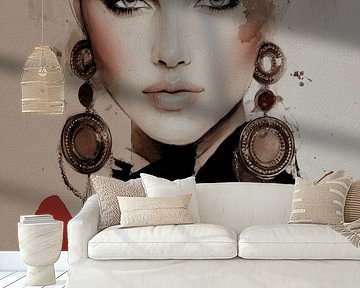 Modern portret in aardetinten met rood accent