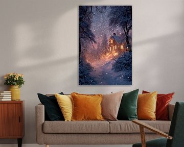 Maison d'hiver dans la neige tombante Lueur chaude dans le silence