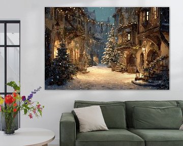 Weihnachtsstraße im Schneefall Warme Lichter und Winterpracht