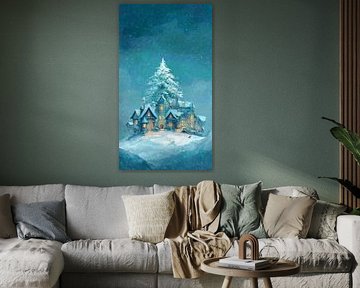 Winterhaus mit Weihnachtsbaum auf Schneehügel Dreamy Scene