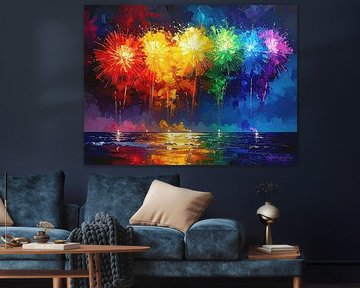 Fireworks: A pastose celebration of LGBTQIA+ colours over a silent ocean of expectation and renewal