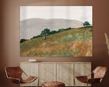 Landschaft mit sanften Hügeln und spärlichen Bäumen