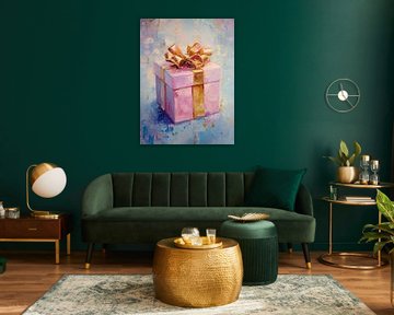 Gold Bow | Pink box with gold bow by Abstract Painting