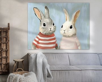 Graues und weißes Kaninchen mit Kleidung