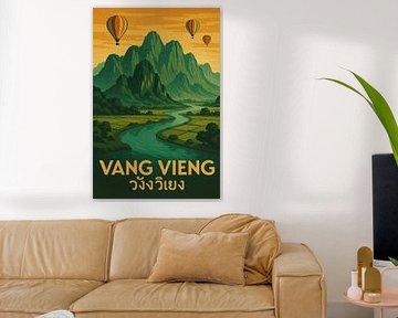 Vang Vieng Vintage Travel Poster - Kalkstein Karst Berge & Fluss Kunst