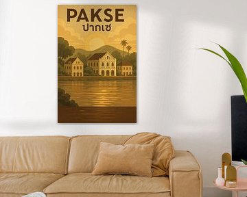 Pakse Vintage Poster - Französische Kolonialarchitektur & Mekong Fluss Kunst
