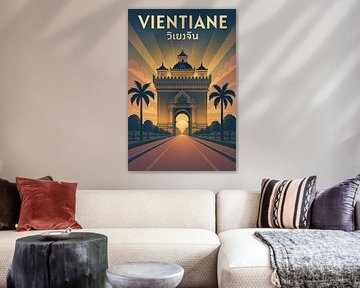 Vientiane Vintage Poster - Patuxai Victory Monument & Sonnenuntergang Kunst