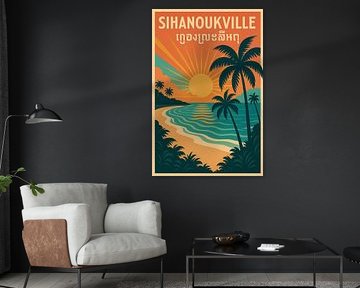 Sihanoukville Vintage Poster - Tropischer Strand Sonnenuntergang & Palmen Kunst