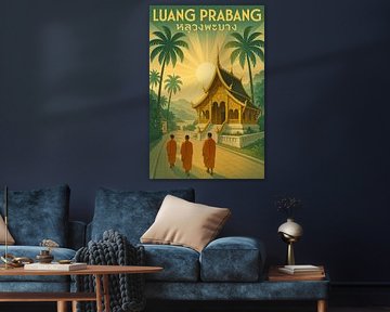 Luang Prabang Vintage Travel Poster - Buddhistische Mönche & Goldener Tempel Kunst