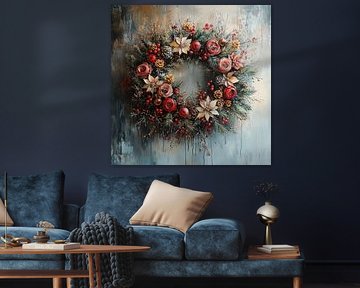 Couronne de pommes de pin à fleurs rouges sur Peinture Abstraite