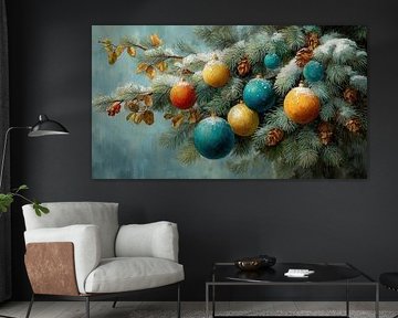 Verschneiter Tannenzweig mit Kugeln von Abstraktes Gemälde