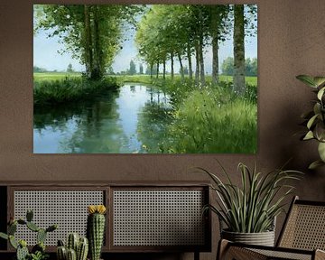 Rangée d'arbres, cours d'eau en miroir