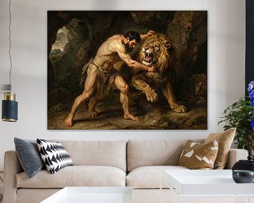 Mann ringt mit einem Löwen in einer Höhle, Gemälde von Markus Gann