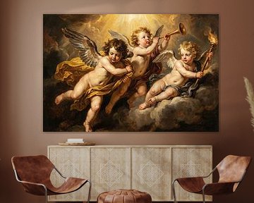 Gemälde von drei Putten mit Trompete und Fackel in Wolken