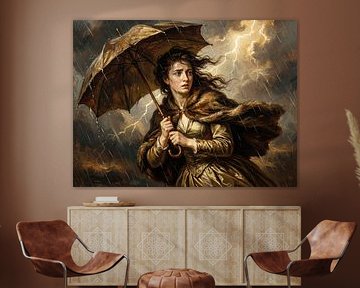 Frau mit Regenschirm im Regensturm Gemälde