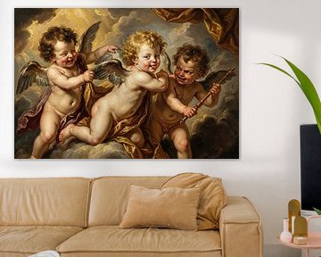 Drei Putten in Wolkenszene mit Zepter, Ölgemälde