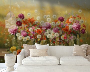 Still life field flowers in vases, oil paint