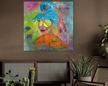 Femme fantastique avec une méduse comme coiffure et des miroirs pour les yeux sur Schilderij van Mirjam