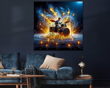 Schlagzeuger im feurigen Hintergrund