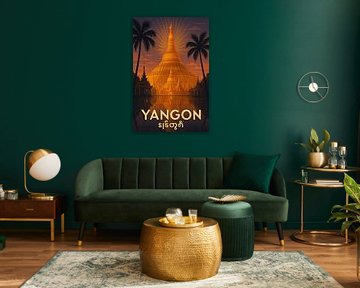 Yangon Vintage Travel Poster - Shwedagon Pagode & Golden Stupa Kunst