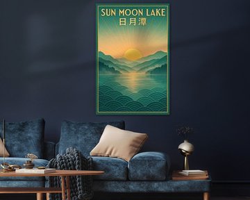 Sun Moon Lake Vintage Poster - Sonnenaufgang Landschaft & Berg Reflexion