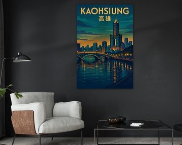 Kaohsiung Vintage Poster - 85 Sky Tower & Liebe Fluss Nacht Kunst