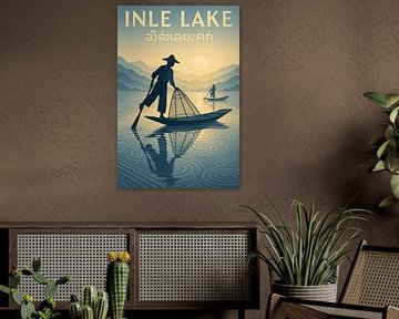 Inle Lake Vintage Travel Poster - Traditionelle Fischer & Sonnenuntergang Kunst