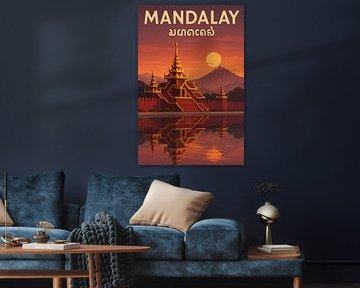 Mandalay Vintage Poster - Königlicher Palast Graben & Sonnenuntergang Reflexion Kunst