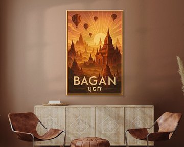 Bagan Vintage Travel Poster - Sonnenaufgang Pagoden & Heißluftballons Kunst