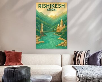 Rishikesh Vintage Poster – Ram Jhula Bridge & Himalayan River Art by Travel Shop