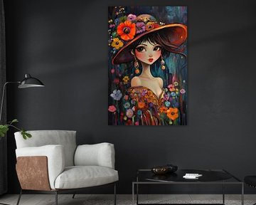 Femme aux couleurs florales avec chapeau