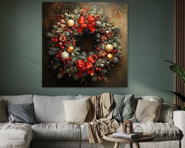 Couronne de Noël | Couronne de Noël avec boules sur Peinture Abstraite