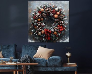 Couronne de Noël avec pommes de pin sur Peinture Abstraite