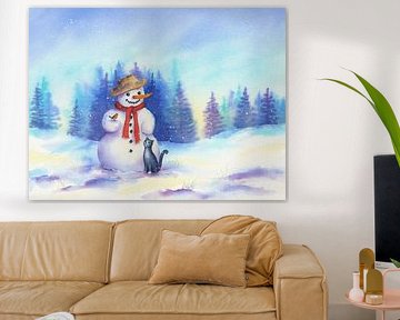 Snowman with cat and bird in a winter landscape by Karen Kaspar