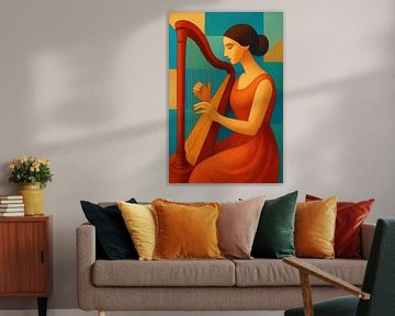 Illustration géométrique d'une femme jouant de la harpe. sur Galerie Hoppenbrouwers