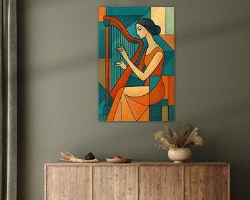 Illustration géométrique d'une femme jouant de la harpe. sur Galerie Hoppenbrouwers