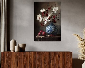 Nature morte au magnolia - peinture de fleurs blanches et rouges dans un vase bleu de Delft