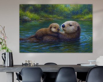 Otter with young in nature painting. by Gallery Hoppenbrouwers