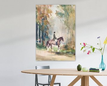 Rider on a forest path in watercolour