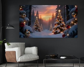 Coucher de soleil sur la forêt hivernale